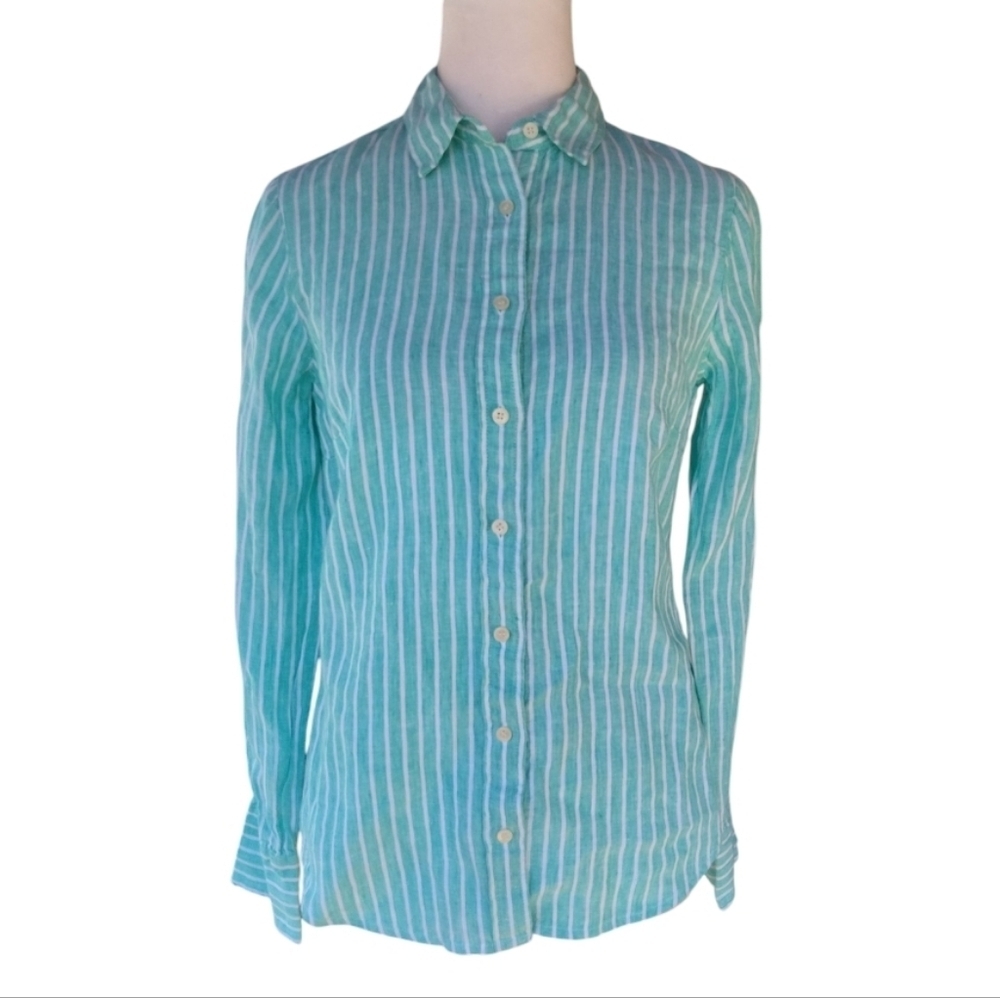 J. Crew Baird McNutt Teal White Button Front Top 100% Irish Linen Size 2
